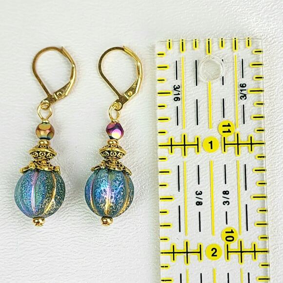 Stunning Dangle Earrings, Teal‎ Blue Glass with Etched Gold AB, Leverback Hooks - Picture 7 of 8